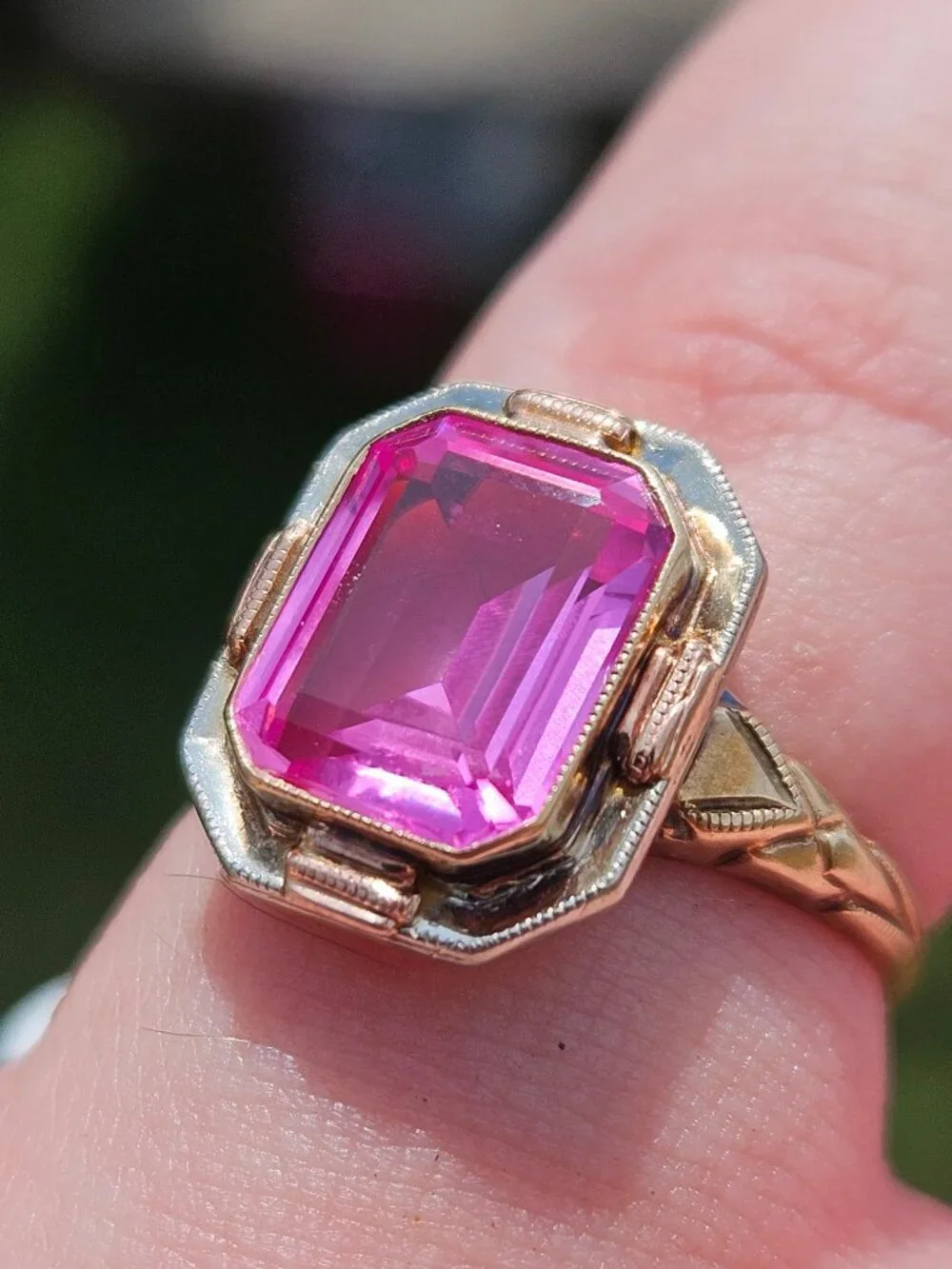 Vintage 10K Yellow Gold Pink Ice Topaz Emerald Cut Cocktail Ring Size 5.75